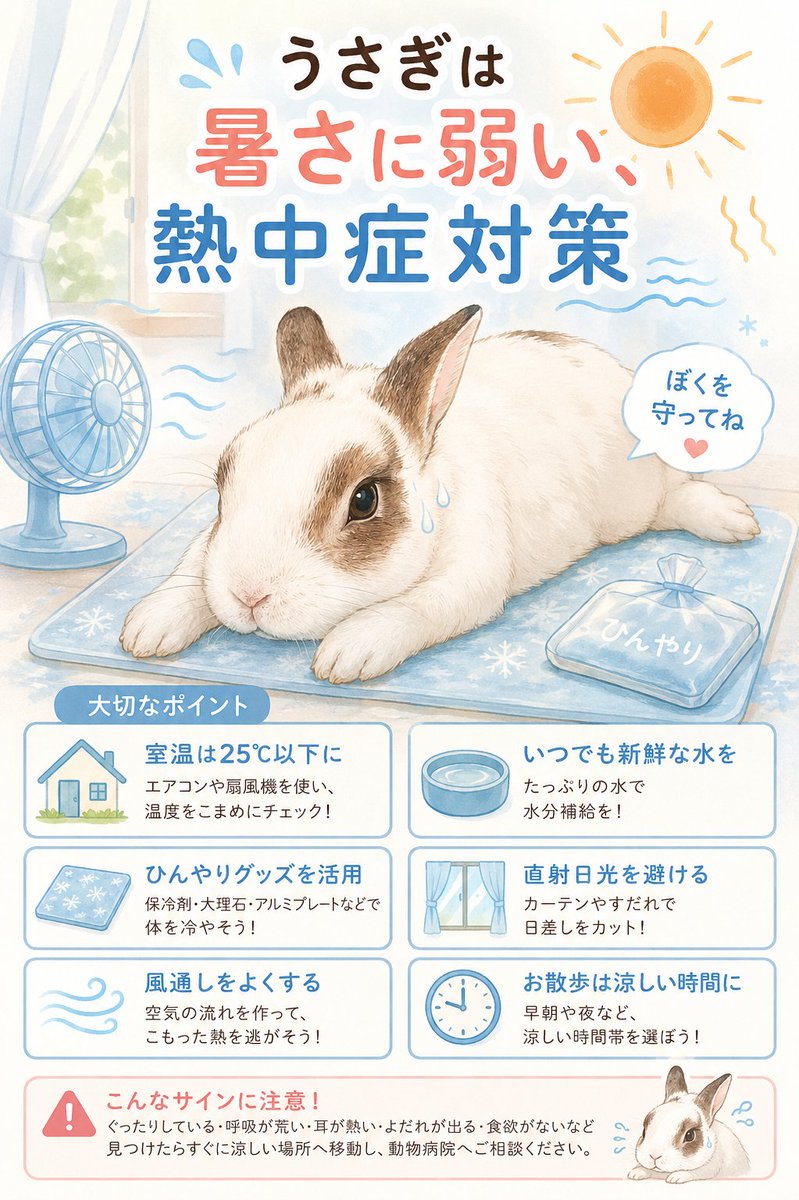 bunnyintokyo's tweet photo. うさぎの熱中症は「予防が100%」です
日本の夏、気温が上がると危険が急増します。
【うさぎの快適温度】
18～25℃ ← ここが最優先
【危険な温度】
28℃以上 = 熱中症リスク急増
30℃以上 = 致命的危険 #bunny #rabbit  #summerheat  https://t.co/hoZtNbvyLW https://t.co/OYsNrSxsHr