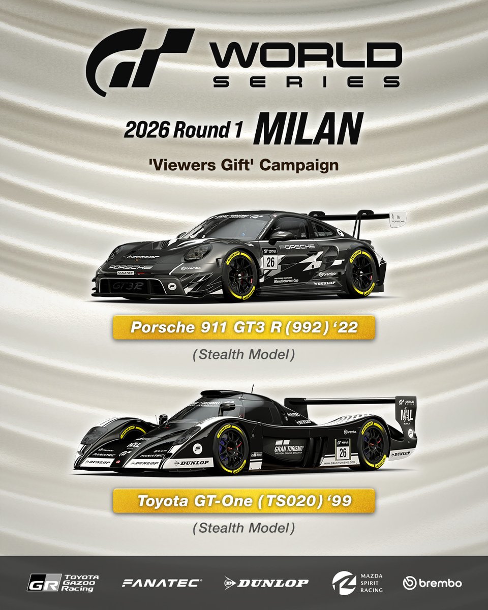 thegranturismo's tweet photo. 【Broadcasting live on 23 May!】

🎁'Viewers Gift' Campaign🎁
Watch the stream from the campaign banner in 'Gran Turismo 7' to receive 2 Stealth Model race cars!

Manufacturers Cup:
Porsche 911 GT3 R (992) '22

Nations Cup:
Toyota GT-One (TS020) '99

How to claim👇
https://t.co/zoX9zwGXsZ

#GT7 #GranTurismo #GTWS #Milan