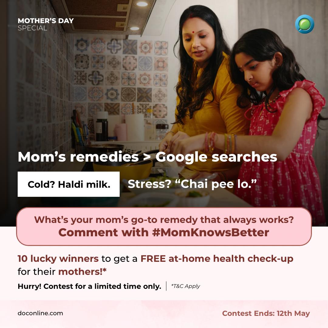 DocOnlineHealth's tweet photo. Comment your mom’s favourite home remedy with #MomKnowsBetter and get a chance to win a FREE health check-up for her!
Lucky winners will receive a FREE at-home health check-up for their mothers
#MothersDay #ContestAlert #MomKnowsBetter #DocOnline #HealthCheckup #Contest #Health https://t.co/swsst9i54p