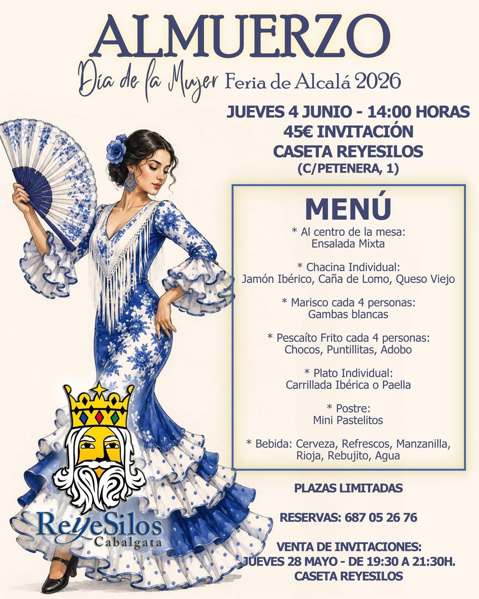 REYESILOS's tweet photo. 𝐅𝐄𝐑𝐈𝐀 𝟐𝟎𝟐𝟔 | 𝐀𝐋𝐌𝐔𝐄𝐑𝐙𝐎 𝐃Í𝐀 𝐃𝐄 𝐋𝐀 𝐌𝐔𝐉𝐄𝐑 💃🏻.

Como cada año, el jueves de feria estará dedicado a la mujeres en la caseta de nuestra Cabalgata 🌷. https://t.co/8Yhyq3Vs1M