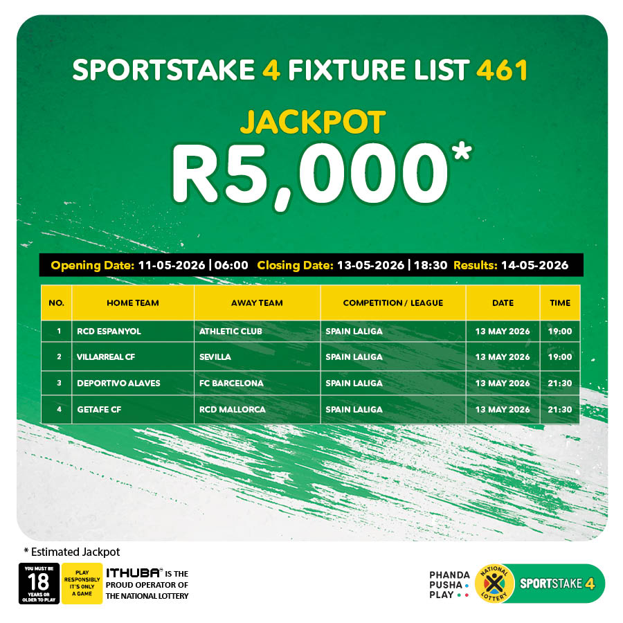 sa_lottery26's tweet photo. Here are the #SPORTSTAKE4 #FixtureResults, #Dividends for list 460 & #Fixturelist 461 with an estimated Jackpot of R5,000. Congratulations to the 3 winners of R1,685. You are #lzinjaZeGame.
Players must be 18 years or older, play responsibly. https://t.co/fNhfZWkEh0