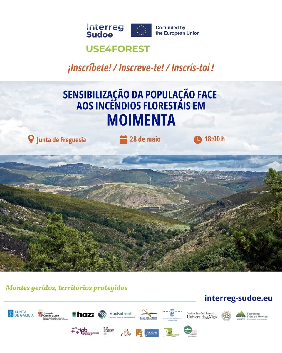 ForestUse470591's tweet photo. 🔥 Acciones de sensibilización en Vinhais. ¡Apúntate! 🤝🏼

📍 Espinhoso. 26 mayo
📍 Vilar de Lomba. 27 mayo
📍 Moimenta. 28 mayo

👨🏼‍🚒 Formaciones sobre uso del fuego, autoprotección y prevención de incendios.

✉️ Inscríbete en: geral@cim-ttm.pt https://t.co/vq62mOOwyS