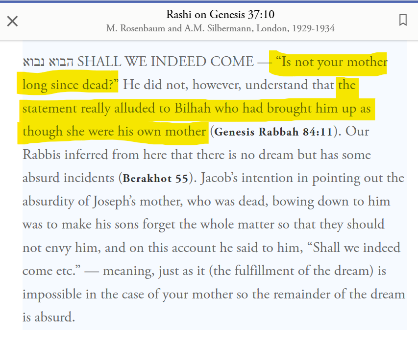 hadithworks's tweet photo. However, some commentators emphasized that “the mother” mentioned by Jacob actually had a referent in reality. Rashi stated the "mother" turned out to be Joseph's mom's handmaiden (who raised Joseph "like a son" &amp; with whom Jacob had children) [7/8] https://t.co/WtzsOHePnt