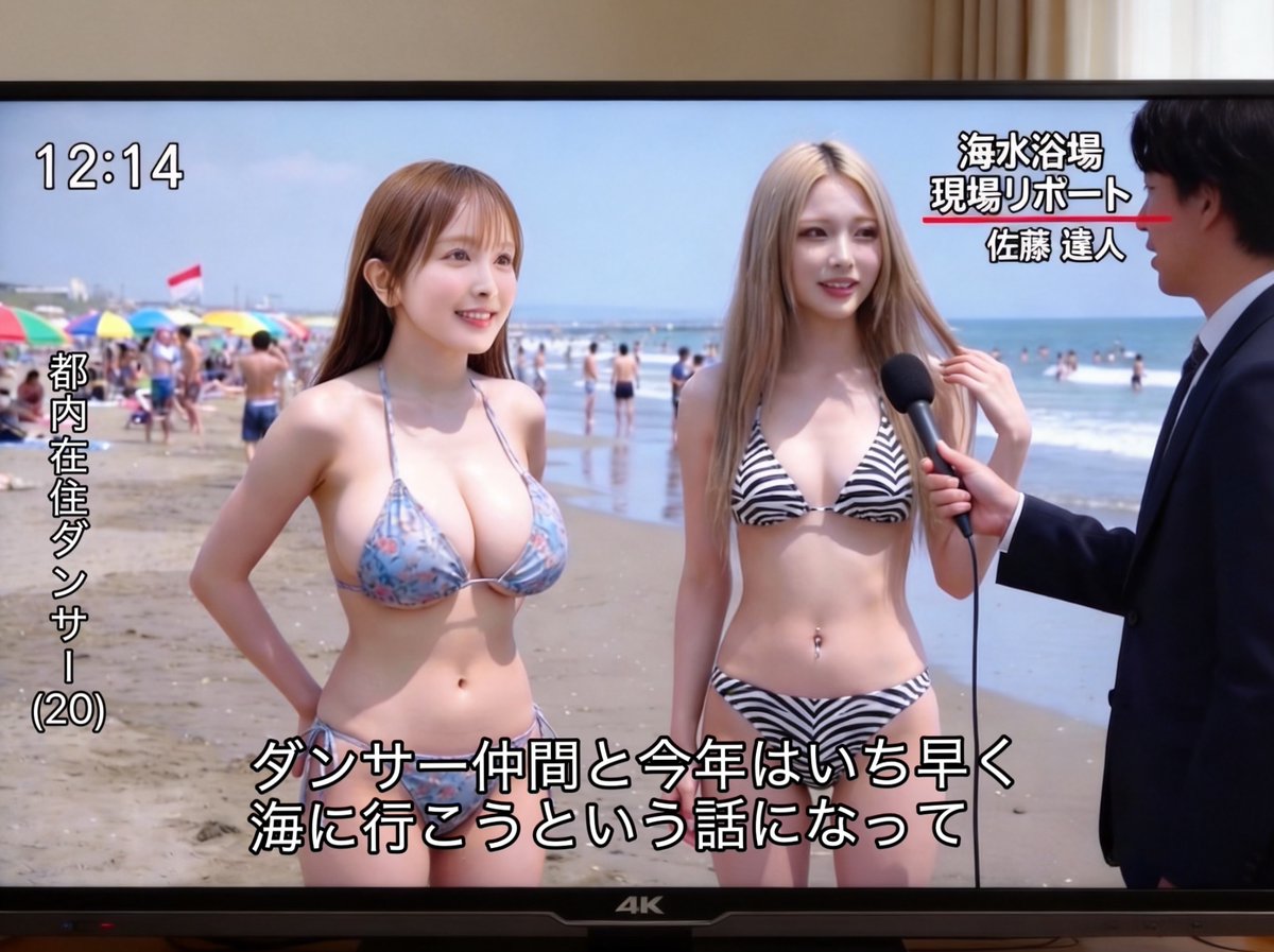 ねぇ@grok ニュース番組に出演した 私の水着を2枚目の衣装に変えて