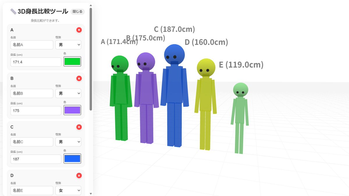qwertyaz111's tweet photo. 「3D身長比較ツール」っていうサイト作りました
3Dモデルで身長比較できるよ😸
もしかしたら既存かも🥲
 #3D身長比較ツール
🔗https://t.co/gl0ICHEG2o https://t.co/6NTUADQcvD