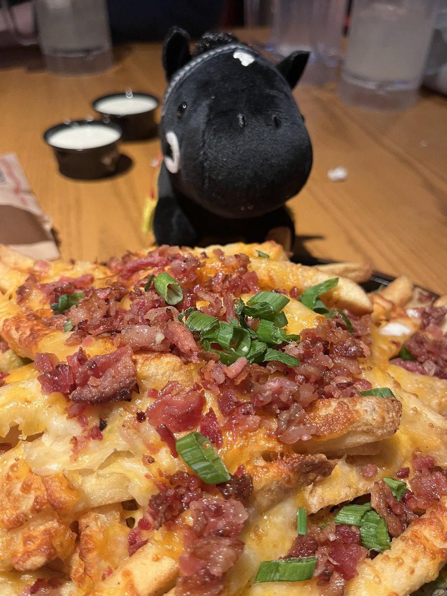 StephKomm's tweet photo. I brought Fuji Kiseki Uma Musume to Chili’s and she LOVED the Texas Cheese Fries thank you @Chilis https://t.co/kX7YPeabCr
