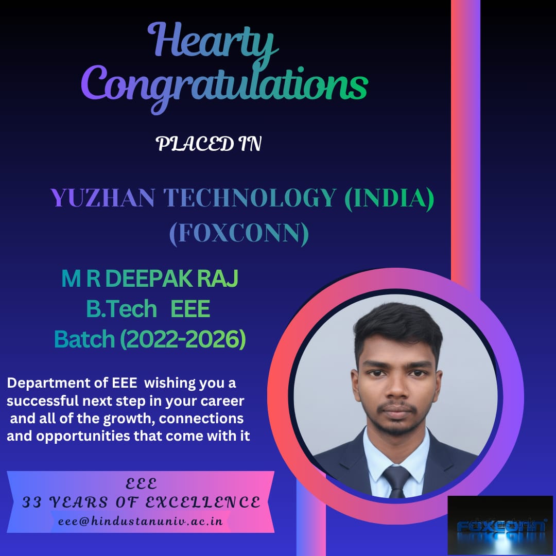 EeeHits's tweet photo. The Department of Electrical &amp; Electronics Engineering extends its best wishes for a successful journey in the future career endeavors. #HITS #HindustanUniversity #MyHindustan #HITSEEE #Placements #EEE https://t.co/PPr71PYkNE