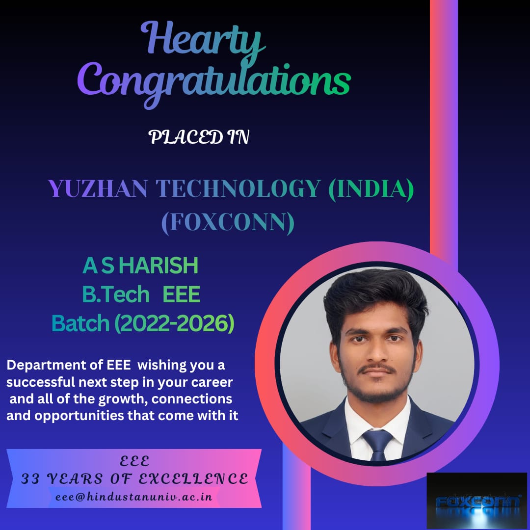 EeeHits's tweet photo. The Department of Electrical &amp; Electronics Engineering extends its best wishes for a successful journey in the future career endeavors. #HITS #HindustanUniversity #MyHindustan #HITSEEE #Placements #EEE https://t.co/1yjyxRNLQW