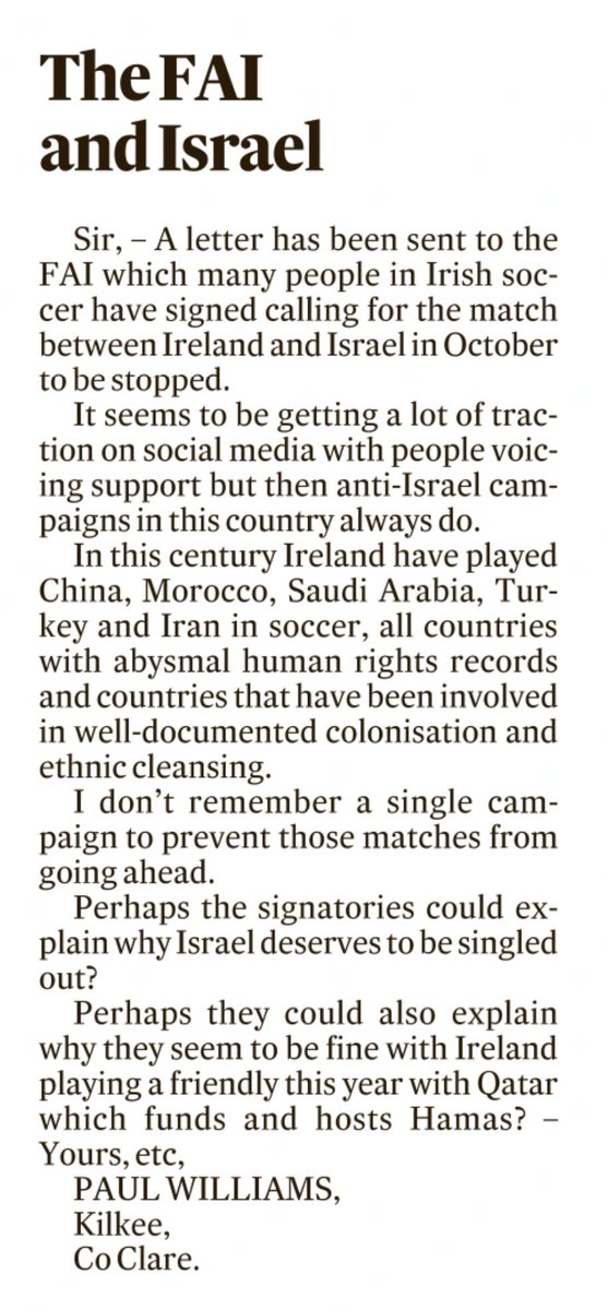 etc_tess's tweet photo. Excellent letter by @kilkeeman in today’s @IrishTimes on double standards in Irish football. 
Ireland is playing a friendly with Qatar this year, and nobody seems to care. https://t.co/Ddxcnxa4zl