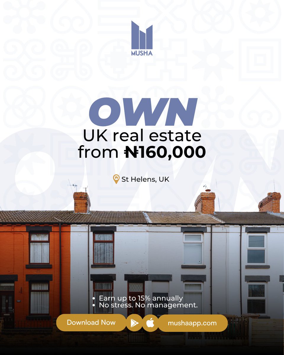 musharealestate's tweet photo. 🏡 St Helens, UK 📍
You don't need millions to own property abroad — you just need Musha.
Start small, build big. 💰
✨ Fractional ownership
✨ Real returns
✨ Zero stress

👉 Download the app now → https://t.co/ypx6ja8k0u

📲 Available on iOS &amp; Android

#Musha   #RealEstate https://t.co/48RySf1T5d
