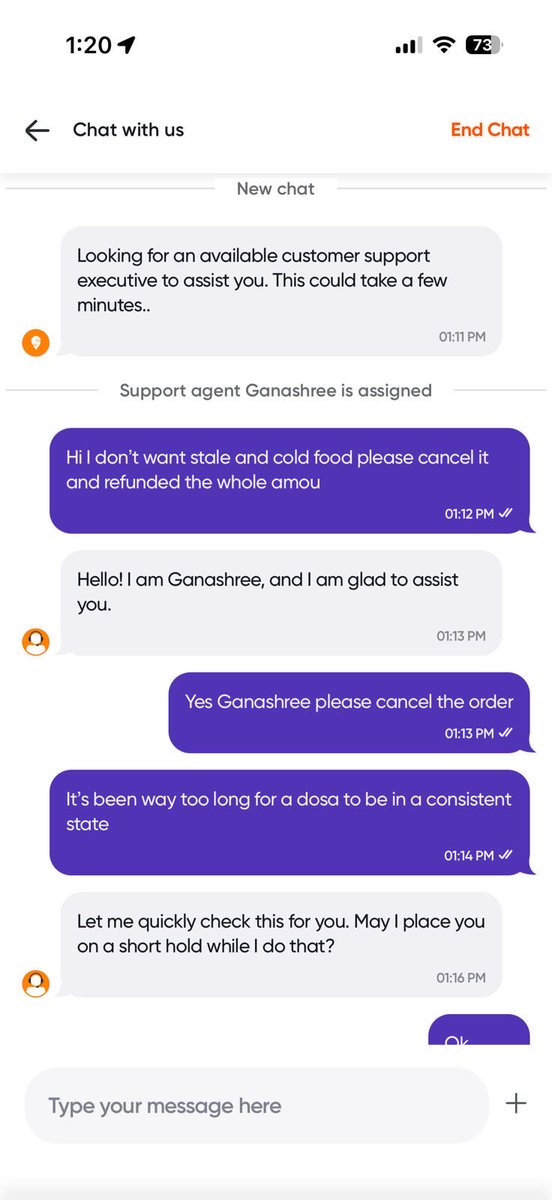 AmmoAnmol's tweet photo. @SwiggyCares @Swiggy 
Ordered food, nit delivered yet, its been hour when it was showing the delivery time to be less than 35 mins. I dont want stale and cold food. Cancel the order with full refund.
Your customer care is denying everything. Attached screenshot https://t.co/lCgfdS5P6r