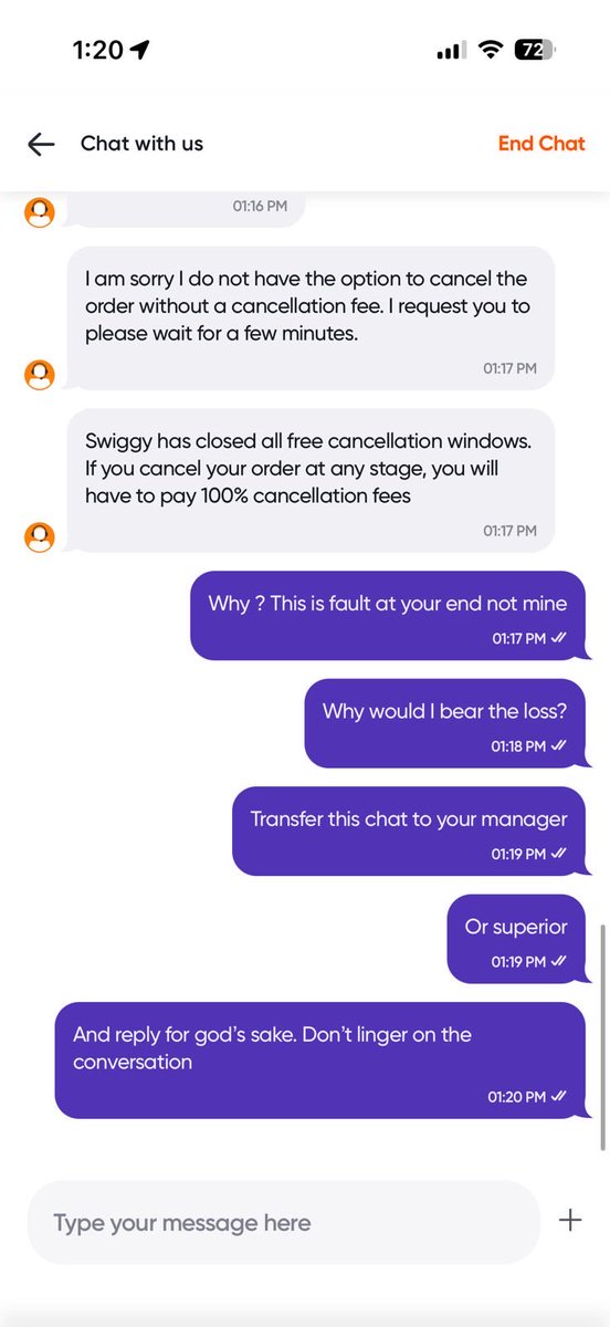 AmmoAnmol's tweet photo. @SwiggyCares @Swiggy 
Ordered food, nit delivered yet, its been hour when it was showing the delivery time to be less than 35 mins. I dont want stale and cold food. Cancel the order with full refund.
Your customer care is denying everything. Attached screenshot https://t.co/lCgfdS5P6r