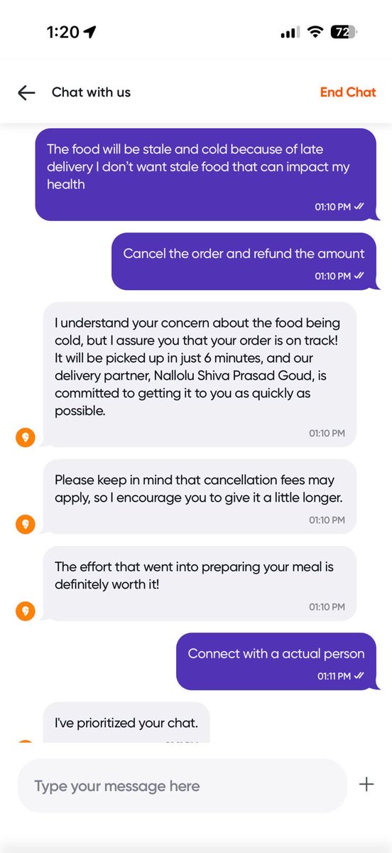 AmmoAnmol's tweet photo. @SwiggyCares @Swiggy 
Ordered food, nit delivered yet, its been hour when it was showing the delivery time to be less than 35 mins. I dont want stale and cold food. Cancel the order with full refund.
Your customer care is denying everything. Attached screenshot https://t.co/lCgfdS5P6r