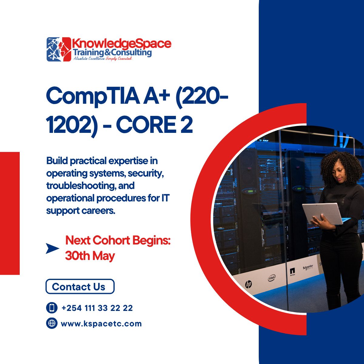 KSpaceTC's tweet photo. Ready to level up your IT career? 
Master OS, security, and troubleshooting with our CompTIA A+ (220-1102) course. 

📅 Next Cohort: 30th May 

Enroll today and get certified! 
https://t.co/mFuuud7mm5 
#CompTIA #TechCareers #Upskilling #CareerGrowth #ProfessionalDevelopment https://t.co/g6H1ZAX45T