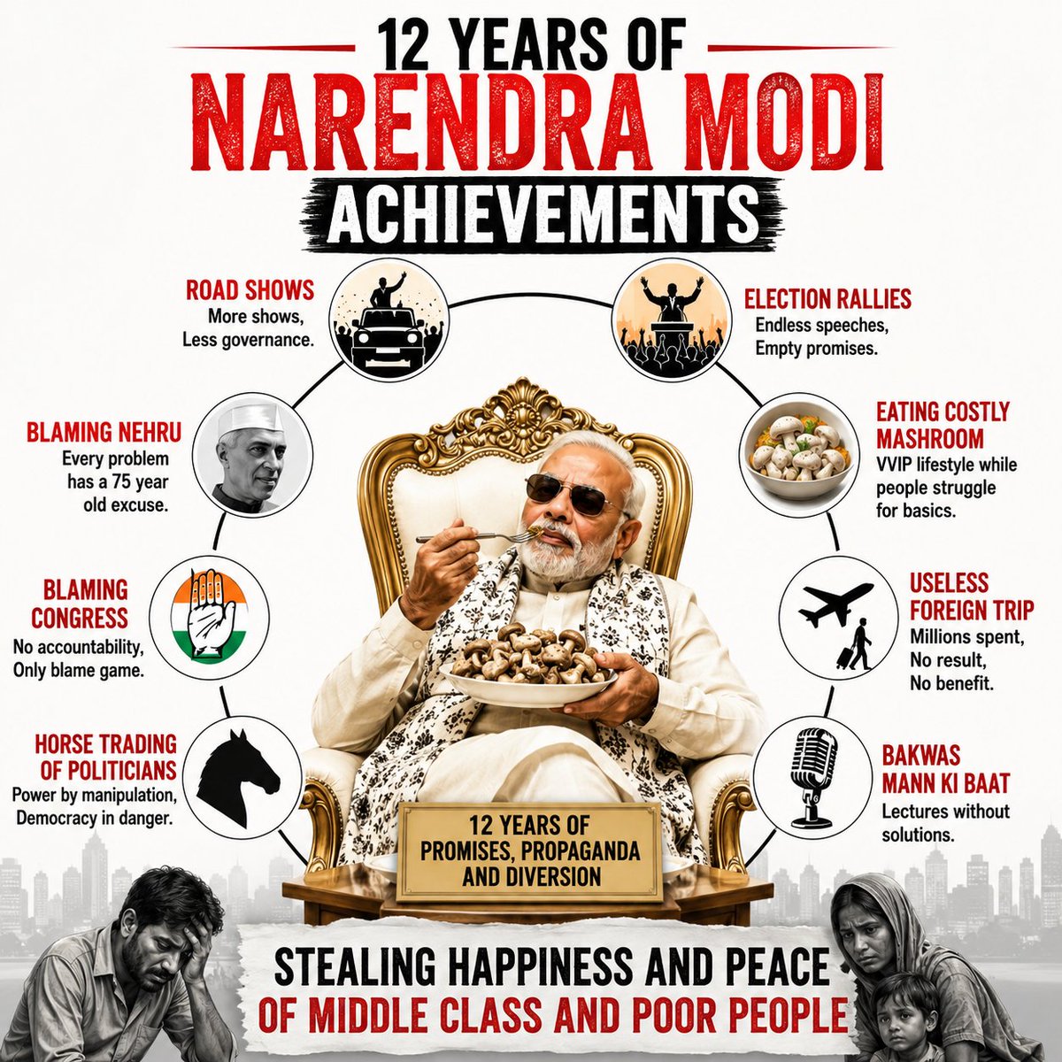 yoursurajnaik's tweet photo. 12 Years of Narendra Modi Achievement 

Road Shows
Election Rallies 
Eating Costly Mashroom 
Useless Foreign Trip
Bakwas Mann ki Baat 
Blaming Nehru
Blaming Congress 
Horse Trading of Politicians
Stealing Happiness and peace of Middle class and Poor people 

#SomnathVirasatK75Varsh