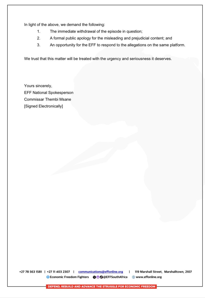 EFFSouthAfrica's tweet photo. ♦️Must Read♦️

The EFF has written a formal complaint to the Broadcasting Complaints Commission of South Africa, against Moja Love TV regarding an episode of "Zimoja Daily" which broadcast misleading, politically biased, and prejudicial commentary against the Economic Freedom Fighters.

Register to vote for the EFF in the 2026 Local Government Elections, to be held on 4 November 2026.

Link: https://t.co/f3ABwe5eJi