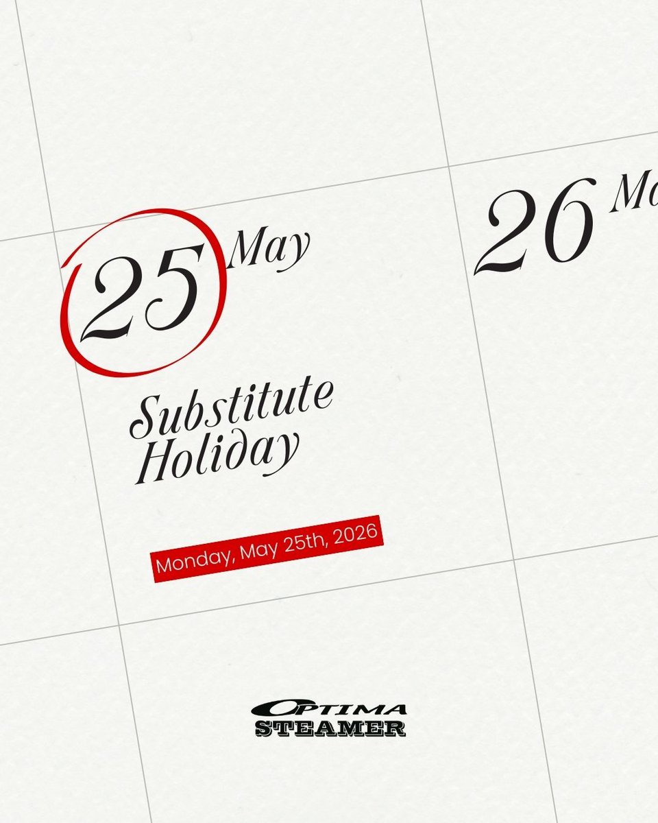 SJECorp's tweet photo. Please be advised that the SJE office will be closed on the following date in observance of national holiday:

May 25 (Mon.), 2026

For urgent inquiries, please contact us at [sales@sjecorp.com]
We will respond as soon as possible upon our return.
#optimasteamer https://t.co/23hgKTWQWb