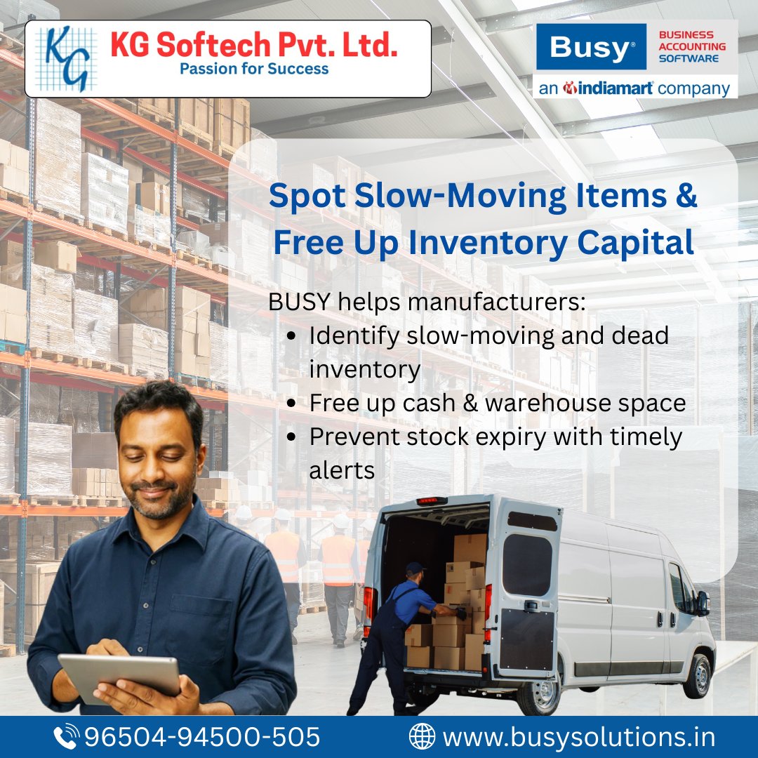 kgssofficial's tweet photo. Dead stock slowing down your business? π¦
With BUSY Accounting Software, identify slow moving inventory, reduce warehouse blockage, and free up working capital efficiently.
π Call us today: 96504-94500
#BUSYSoftware #KGSoftwares #InventoryManagement #StockManagement https://t.co/UW1xKsbc5E