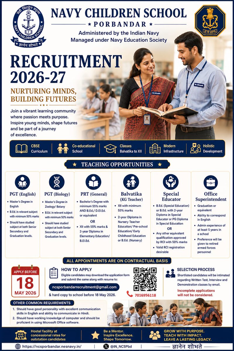 IN_NCSPbd's tweet photo. Recruitment at Navy Children School Porbandar 📚⚓

Navy Children School Porbandar, a CBSE co-educational institution administered by the Indian Navy, invites applications for contractual posts of PGT (English & Biology), PRT (General), Balvatika Teacher, Special Educator and Office Superintendent for the academic session 2026–27.

The school offers a modern learning environment with contemporary educational aids and infrastructure, functioning up to Std XII 🇮🇳. Outstation candidates will be provided hostel accommodation at concessional rates.

Eligible candidates may download the application form and submit the same along with resume via email to 📩 [ncsporbandarrecruitment@gmail.com] and hard copy to the school before 18 May 26.

Shortlisted candidates will be informed separately regarding Written Test, Interview and Demonstration Classes.

#TeacherRecruitment #NCSPorbandar #CBSEJobs #TeachingJobs #IndianNavy 

#NavyChildrenSchool  #HolisticDevelopment  #YoungPerformers #10YearsOfExcellence #SkillIndia #ViksitBharat #NewIndia #ExperientialLearning #InspiringYoungMinds 

@indiannavy 
 
@IndiannavyMedia 
 
@SpokespersonMoD 

@IN_WNC 
 
@DefenceMinIndia 
 
@DefencePRO_Guj 

@IN_NESNavy 
 
@EduMinIndia 
 
@MinOfCultureGoI 

@InfoGujarat 
 
@CMOGuj 
 
@cbseindia29 

@PIB_India 
 
@dpradhanbjp 
 
@IN_NCSDelhi 

@IN_NCSKochi 
 
@IN_NCSOkha 
 
@IN_NCSGoa 

@IN_NCSKar 
 
@IN_NCSVizag 
 
@IN_NCSMumbai 

@IN_NCSPortblair 
 
@IN__NCSkaranja 

@IN_NCSZamorin 
 
@IN_GDD