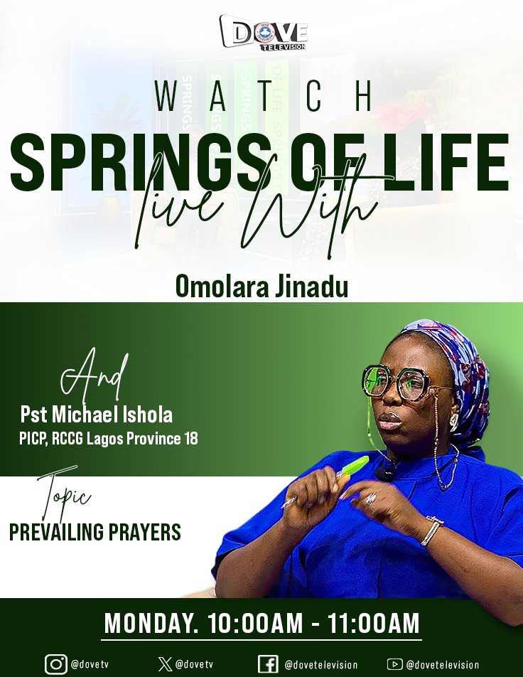 dovetv's tweet photo. What makes a prayer prevail?
Join Springs of Life Live by 10am as we dive into this powerful topic: Prevailing Prayers.
Watch live on Facebook, instagram, YouTube and DoveTv and come expectant!

#DoveTV
#DoveTelevision
#Springsoflife
#OHPrimeTV https://t.co/rrYgR78d62