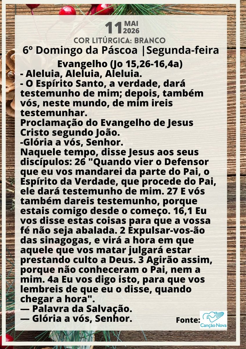 LucivaldoJr's tweet photo. Segunda-feira, 11.MAI.2026
Bom dia, Amigos(as)!
Sugestão para leitura:
Evangelho de São João 15,26-16,4
#EvangelhoDoDia
#TempoPascal
#VISemanaDaPáscoa
#AnoJubilarFranciscano
#SãoFrancisco800Anos https://t.co/MDhrc5id5P
