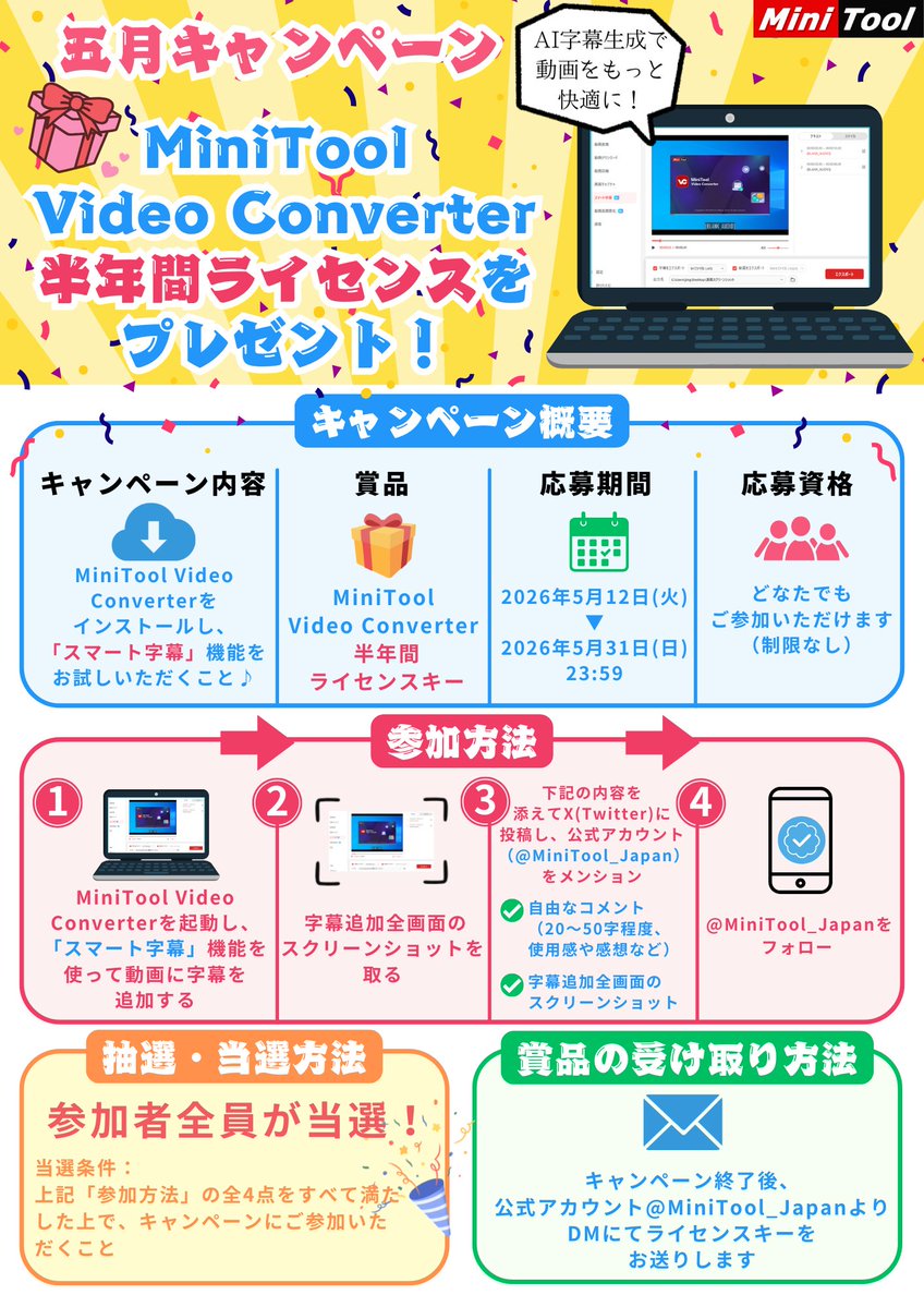 MiniTool_Japan's tweet photo. ／
🎁MiniTool【5月キャンペーン】開催中！
✨参加者全員プレゼント（賞品）✨
＼

✅賞品：MiniTool Video Converter 半年間ライセンス
✨動画変換・圧縮・ダウンロード・高画質化ができる多機能ツール✨

✅参加条件（4つ全て必須）：
1️⃣ Video Converter をダウンロード（https://t.co/NJNEKrEjxD）
2️⃣ 「スマート字幕」機能を実際に動画に適用している操作中の全画面スクショを撮る
3️⃣ @MiniTool_Japan をメンションして投稿（感想＆スクショを添えて）
4️⃣ @MiniTool_Japanをフォロー

応募期間：2026年5月31日(日) 23:59まで
ぜひご参加ください🎉