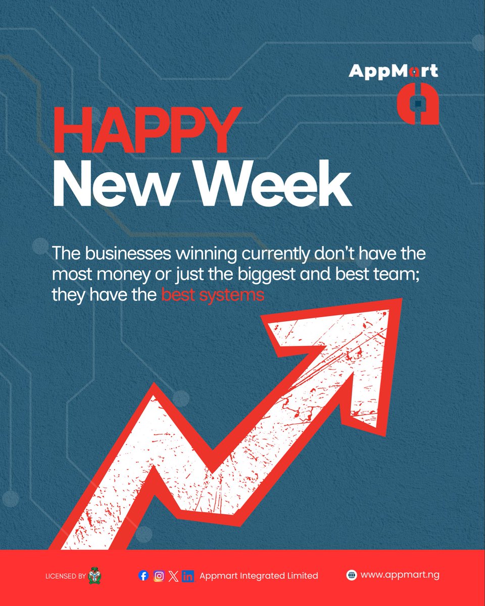AppMartGroup's tweet photo. The businesses winning in Nigeria right now have one thing in common and that is; the best systems.
Happy New Week from Appmart

Let us know what process in your payment system you’ll be fixing this week?

#MondayMotivation #NewWeek #Appmart #Fintech #CBNLicensed https://t.co/n0V1uT0GaC