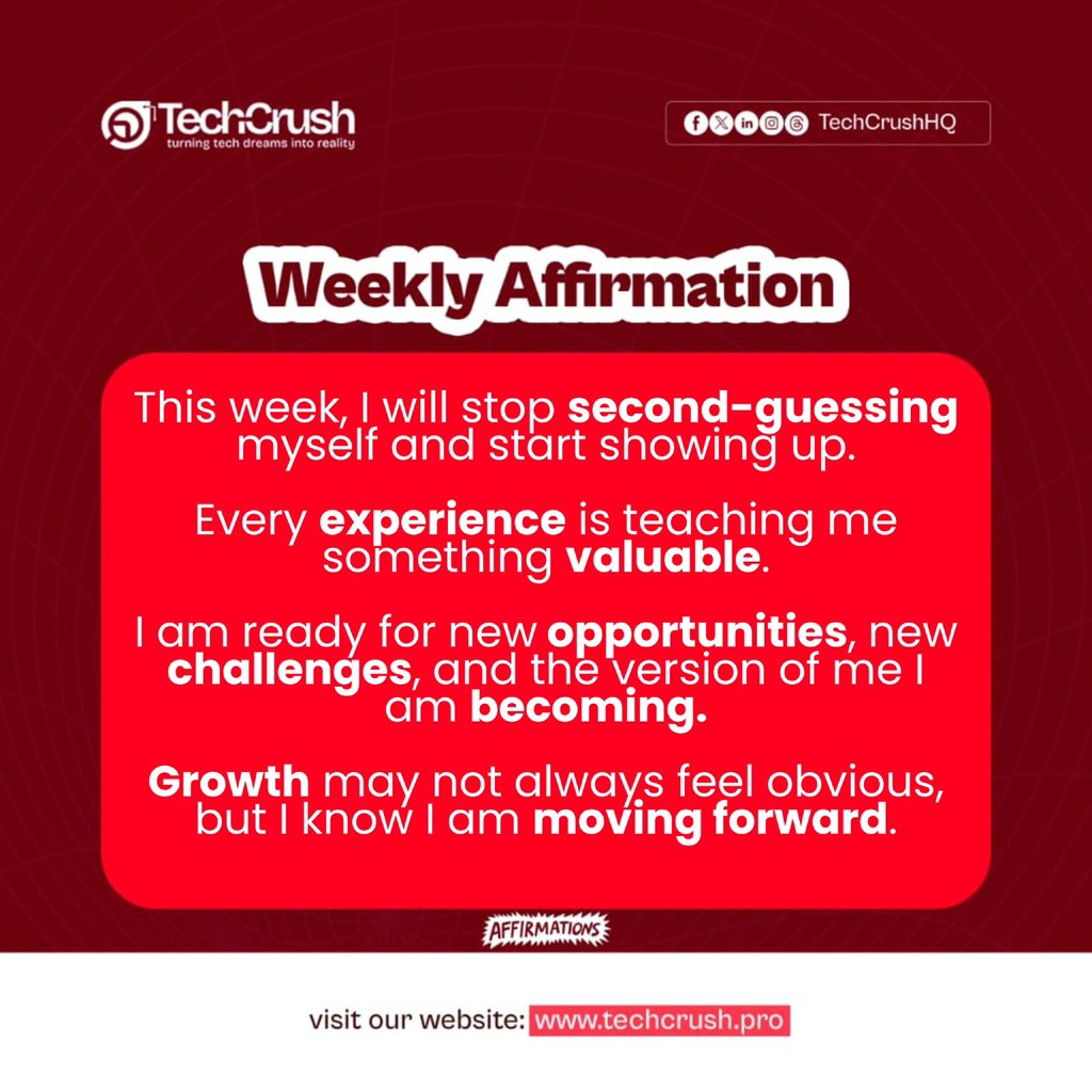 TechCrushHQ's tweet photo. Some growth happens quietly.

You start handling things better.
You stop doubting yourself as much.
You begin to trust your journey a little more.

Not every win looks loud, but becoming more confident in yourself is one of the biggest wins there is.

#techcrush https://t.co/PS8bPsuxlV