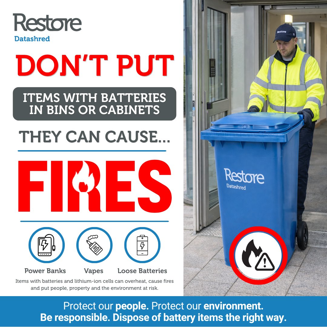 datashreduk's tweet photo. 🔥 The risk is real. Fires can, &amp; do, start in bins &amp; cabinets when #battery items are disposed of incorrectly. Prevent #fires by keeping all battery-powered items out of #shredding bins &amp; cabinets. Be responsible. Dispose of battery items the right way.
🔗https://t.co/cyF5ceqrUd https://t.co/wWhue36RDt