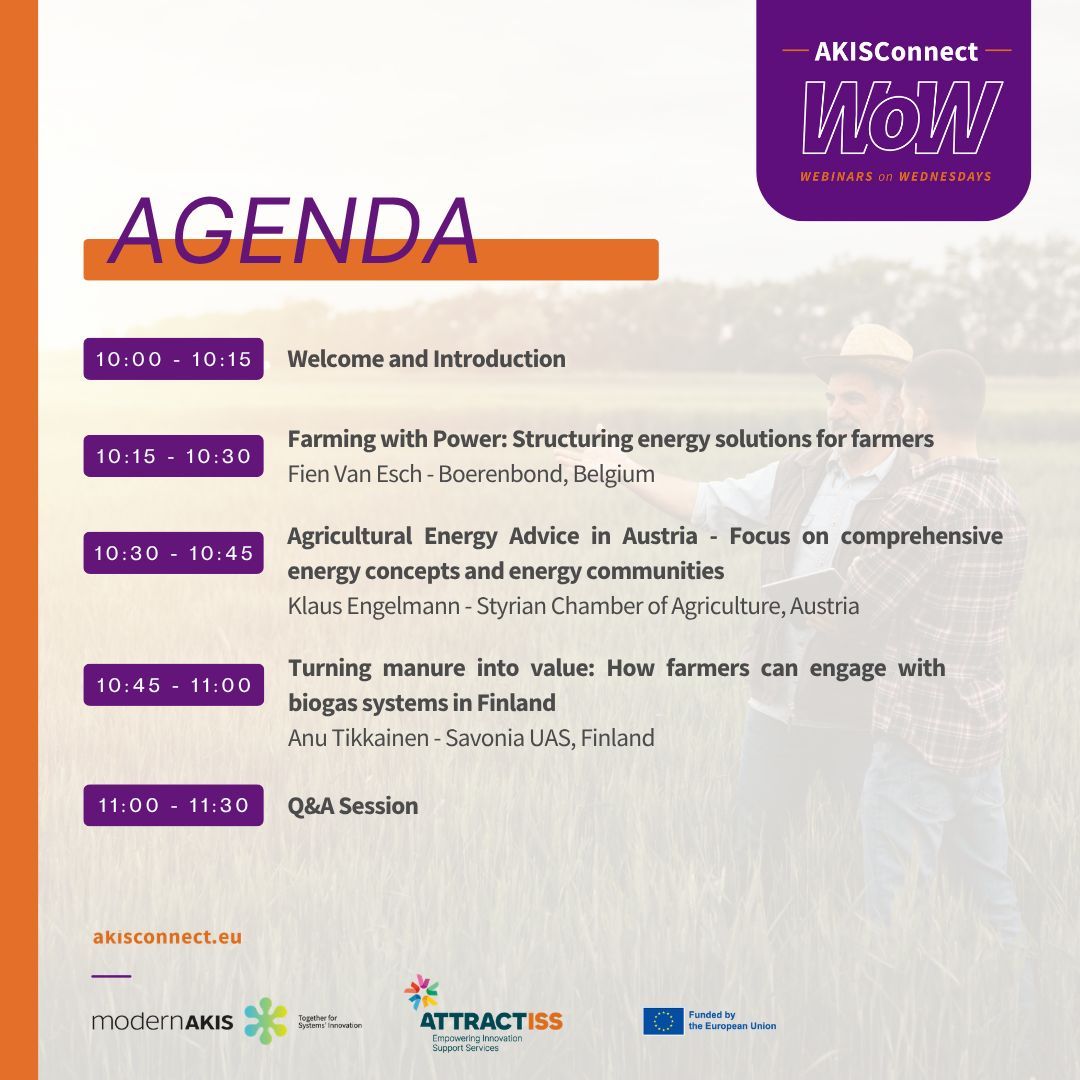 modernAKIS's tweet photo. 💡Reminder: Join the next “AKIS in Action” WoW webinar

📅 13 May 2026 | 10:00–11:30 CET 💻 Online

🌱How can advisory services help farmers diversify income through renewable &amp; on farm energy solutions?

👉Register: https://t.co/lShMGRfjyN

#modernAKIS #ATTRACTISS #AKISConnect https://t.co/vTrM3l97SL