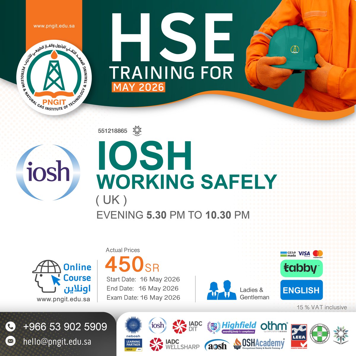 PngitSaudi's tweet photo. انضم الآن إلى دورة
🎓 IOSH Working Safely (UK)

واكتسب أساسيات السلامة والصحة المهنية بطريقة عملية ومبسطة 👷‍♂️✅

💻 أونلاين مباشر
📅 16 مايو 2026
⏰ 5:30 PM – 10:30 PM
💰 فقط 450 ريال

📌 مناسبة لجميع الموظفين والعاملين في مختلف القطاعات
📌 شهادة معتمدة دوليًا

📞 للتسجيل:
+966 53 902 5909
🌐 https://t.co/4xo1GHrafy

#IOSH #WorkingSafely #HSE #السلامة_المهنية #دورات_اونلاين #PNGIT #SafetyFirst