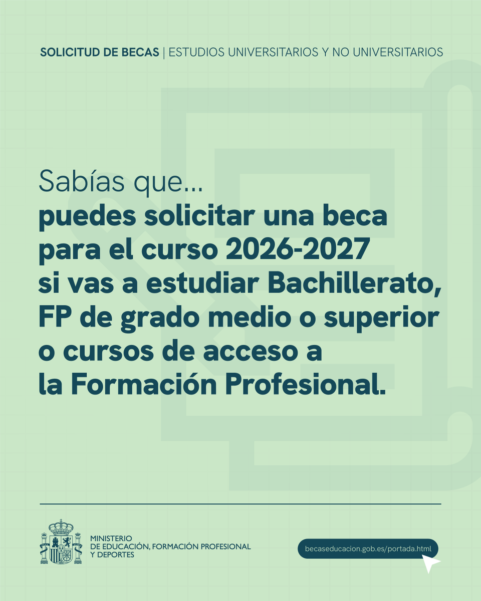 ¿Vas a estudiar Bachillerato, FP de grado medio o superior, o cursos de acceso a la FP en 2026-2027?

Puedes solicitar una beca para seguir avanzando en igualdad de oportunidades.

Info: f.mtr.cool/kjyacibgji

#Becas #Educación #FP #Bachillerato