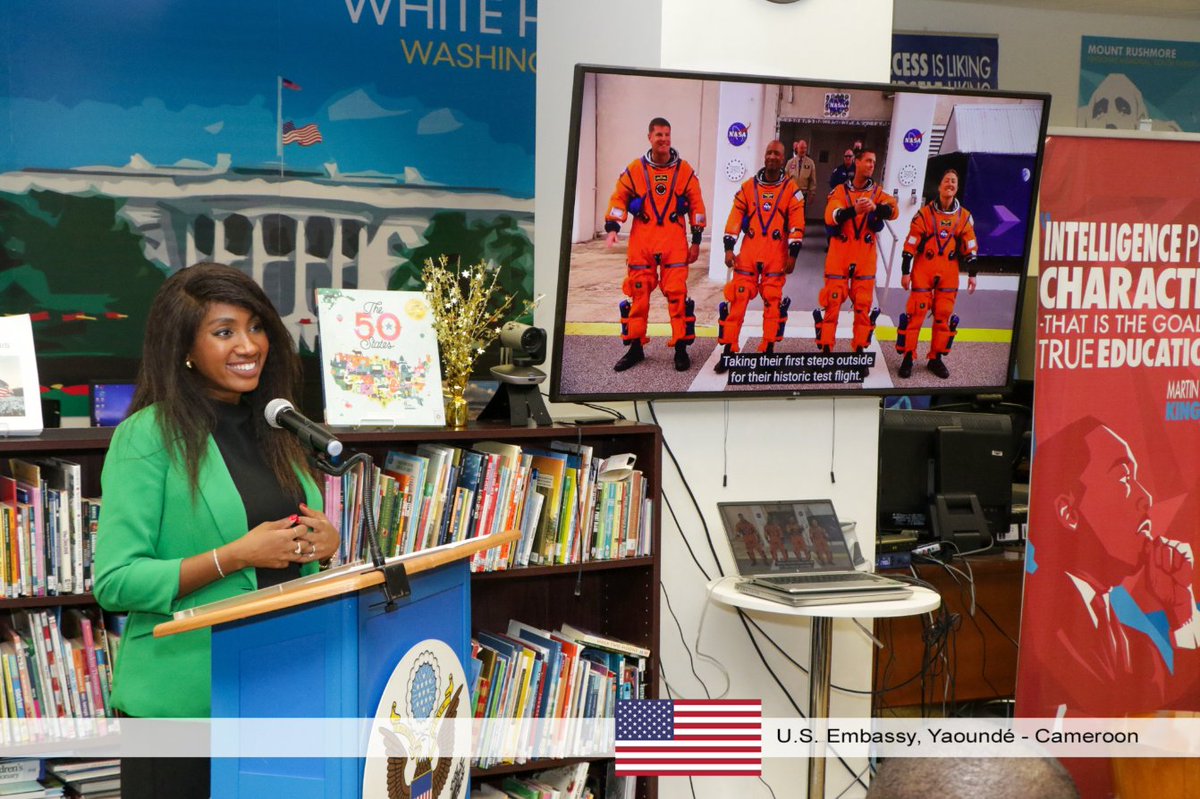 USEmbYaounde's tweet photo. The U.S. Embassy hosted a #Freedom250 program celebrating 250 years of American innovation and excellence, featuring NASA’s Artemis II mission—the first crewed journey around the Moon in more than 50 years. Students from the Aeronautic Club of College St. Benoit watched mission highlights and explored how the United States continues to lead in space exploration and advanced technology.

Acting Deputy Chief of Mission Gaïna Dávila encouraged students to see themselves as part of the “Artemis generation,” while @TechWomen alumna and aerospace engineer Lily Asongfac shared insights on the mission and careers in aerospace.

The program inspired students’ interest in STEM and highlighted opportunities in space science and technology. To join similar programs, email YaoundeAmCtr@state.gov

#Freedom250 #ArtemisII #STEM #NASA #SpaceExploration
@NASA  @NASAArtemis