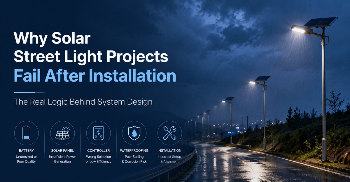 SolarLightSIRO's tweet photo. Why do some solar street light projects fail after installation?

Usually, it’s not only brightness. Battery capacity, solar panel matching, controller logic, waterproofing, and installation all decide long-term performance.

#SolarStreetLight #RoadLighting https://t.co/Skg7lExOdw