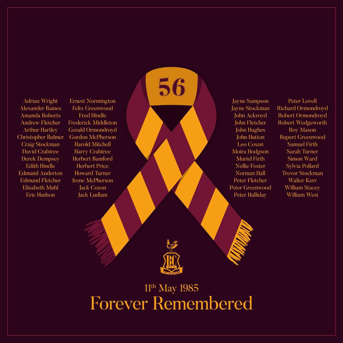 OfficialBullsRL's tweet photo. 🎗️ | On this day 41 years ago, 56 people went to a football match but never returned home. 

🙏 | Our thoughts and prayers are with Bradford City AFC and all those affected, they will be forever remembered.

#RIP56 https://t.co/dQKpqyPeL0