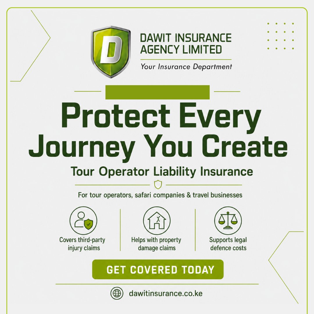 DawitInsurance's tweet photo. Tour Operator Liability Insurance helps tour operators, safari companies, and travel businesses manage third-party injury, property damage, and legal defence cost risks.
 Learn more: https://t.co/m2Pif3iIyP

 #DawitInsurance #TourismKenya https://t.co/qIWait1KkR