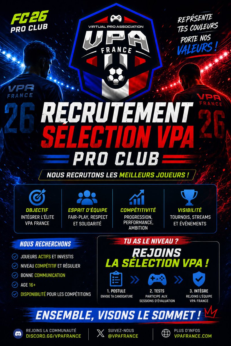 France_VPA's tweet photo. https://t.co/1aUMx5b37M

ONT COMMENCE LE RECRUTEMENT POUR LA SECTION DE FRANCE QUI VA JOUÉ LA COUPE DU MONDE VPA 

@everyone https://t.co/SWmkRKMFv1