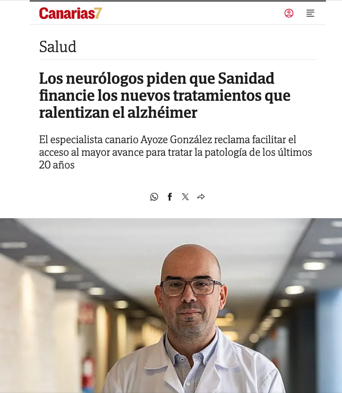 socane1's tweet photo. Por primera vez, dos medicamentos han demostrado capacidad para ralentizar el deterioro cognitivo de quienes padecen la enfermedad. El especialista canario Ayoze González reclama facilitar el acceso al mayor avance para tratar la patología de los últimos 20 años. https://t.co/ORNR9USHaO