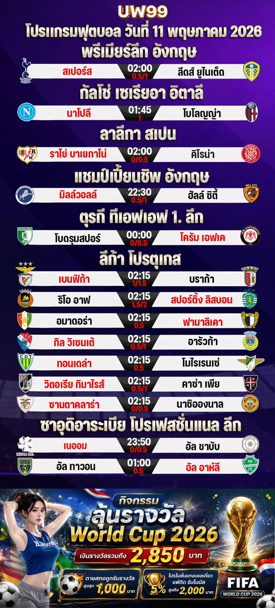 su37290's tweet photo. 🎉โปรแกรมบอลที่น่าสนใจ🎉

⚽️วันที่ 11 พฤษภาคม 2026 ⚽️
🔥เราคัดมาให้แล้ว🔥

👉 คลิก: https://t.co/jMZB0fNLFB

#โปรทุ่นน้อย #เว็บตรง #แตกหนัก #UW99 https://t.co/Y2xR6WIeQc