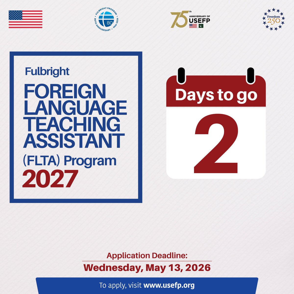 USEFP's tweet photo. The application for the 2027 Fulbright Foreign Language Teaching Assistant (FLTA) Program closes in two days. If you are an English language teacher at a college or university, now is the time to apply to enhance your teaching skills.

Apply here: https://t.co/zFqkRkjtDy

#USEFP https://t.co/rjn6r1VGeJ