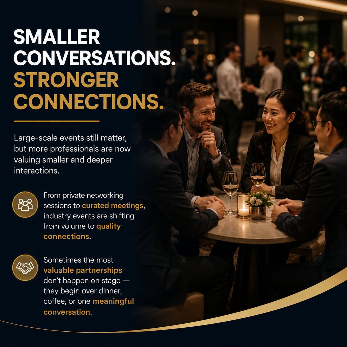 ggcevent's tweet photo. Large-scale events still matter, but more professionals are now valuing smaller and deeper interactions.

From private networking sessions to curated meetings, industry events are shifting from volume to quality connections.

Sometimes the most valuable partnerships don’t happen on stage —
they begin over dinner, coffee, or one meaningful conversation. 🤝

#GGC #GGC2027 #Networking #BusinessConnections #IndustryEvents #GamingIndustry #B2B