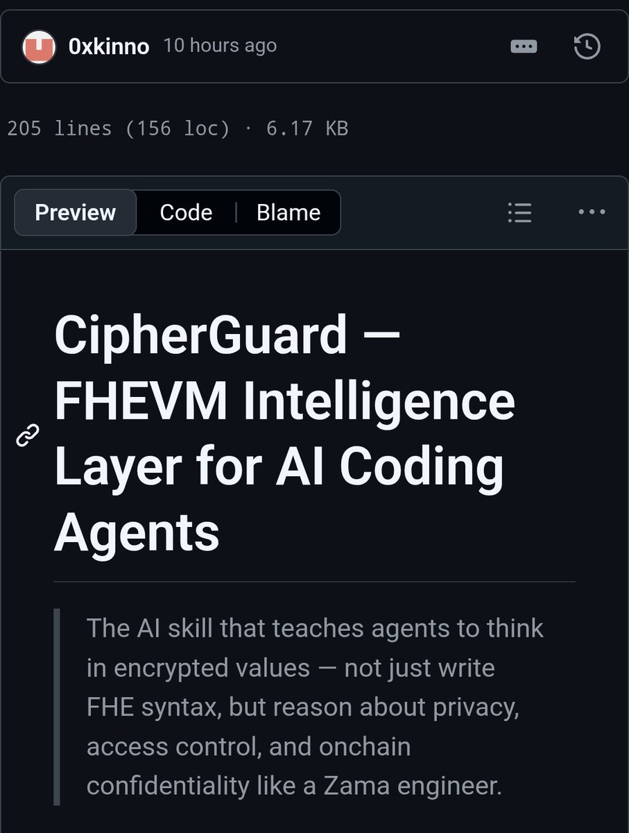 0xkiddok's tweet photo. Built CipherGuard for @zama
A 5-layer AI skill that teaches Cursor & Claude Code to write correct FHEVM contracts first try.
- 12 real anti-patterns eliminated.
- 6 production templates included.
Submitted to @zama Bounty Track 🛡️
#Zama #FHEVM #AIAgents
Links below ⤵️ https://t.co/1JwjzlSkCm