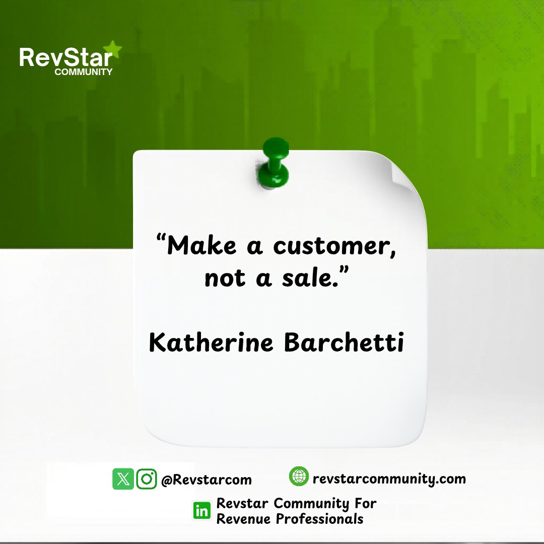RevstarCom's tweet photo. Monday reminder for everyone in sales and revenue:

Make a customer, not a sale.

Anyone can close a deal.

But building trust?
Creating repeat business?
Turning customers into advocates?

That’s where the real game is.

As you start the week, here’s a question:

What’s one thing you do to turn a first time buyer into a long term customer?

#revstar #sales #monday