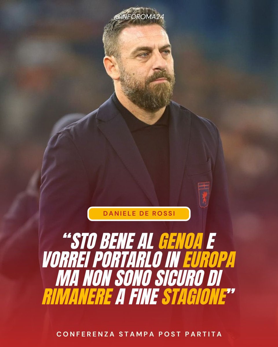 inforoma24's tweet photo. 🟡🔴 Daniele #DeRossi, nella conferenza stampa post partita di #FiorentinaGenoa, ha affrontato il discorso del suo futuro sulla panchina del #GenoaFC.

🗣️ L’attuale tecnico rossoblù ha ammesso che l’unica promessa fatta era quella di rimanere tutta la vita all’#ASRoma.

#SerieA https://t.co/fDr5TWX6ub
