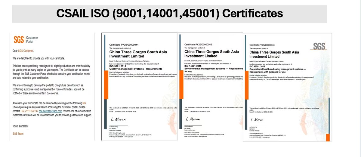 CTGI_2011's tweet photo. CSAIL Achieves ISO Management System Certifications!
In Sindh Province, southern Pakistan, the Phase I and Phase II wind power projects are delivering reliable clean electricity to local communities. On the Jhelum River, the 720 MW Karot Hydropower Station continues to support regional development through a steady supply of clean energy.
Behind the stable operation of these projects is a strong commitment to high standards. CSAIL has recently obtained ISO 9001 (Quality Management), ISO 14001 (Environmental Management), and ISO 45001 (Occupational Health and Safety) certifications—further strengthening quality assurance and sustainability across project operations. @CTGAAL