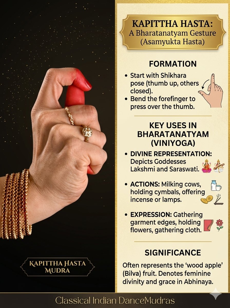 RRamadurga's tweet photo. Meet Kapittha Hasta! ✨👌
This #Bharatanatyam gesture is formed by pressing the forefinger over a raised thumb. It's used to represent:
🌸 Goddesses Lakshmi & Saraswati
🍶 Milking cows
👗 Holding a garment
🔥 Offering incenseThe mudra of grace and divinity. 🙏💃
#Mudras #Dance https://t.co/KK9FlnrWEQ