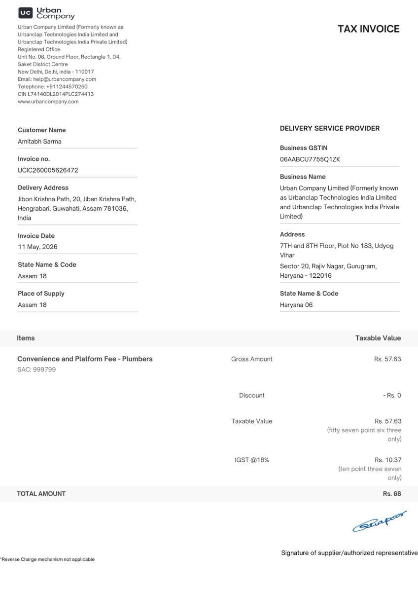 storieswitsarma's tweet photo. @urbancompany_UC please refer to the attached pictures. I booked for services that cost me 350 INR. Fair enough. But the invoice tells a different story. No wonder your FY26 shows a net loss of ~₹235 crore. God Save You guys! #urbancompany @UC_Assist https://t.co/hR6qJtdoQU