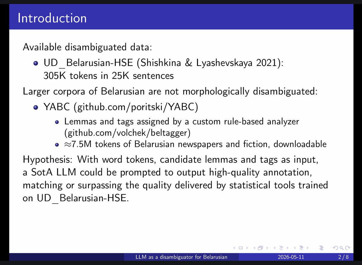 ConstantineLig's tweet photo. Final talk of the morning oral session at SIGUL: "LLM as a Morphological Disambiguator for Belarusian" by Vladislav Poritski, Oksana Volchek, and Ilia Afanasev #LREC2026 https://t.co/0n9xhtD1jH