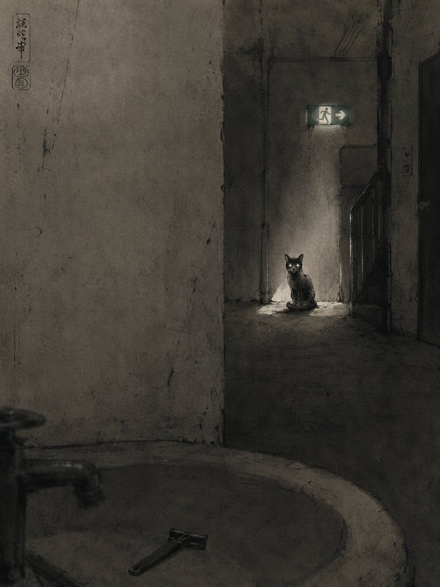 In the sunny patch by the emergency exit, a cat watches me — I