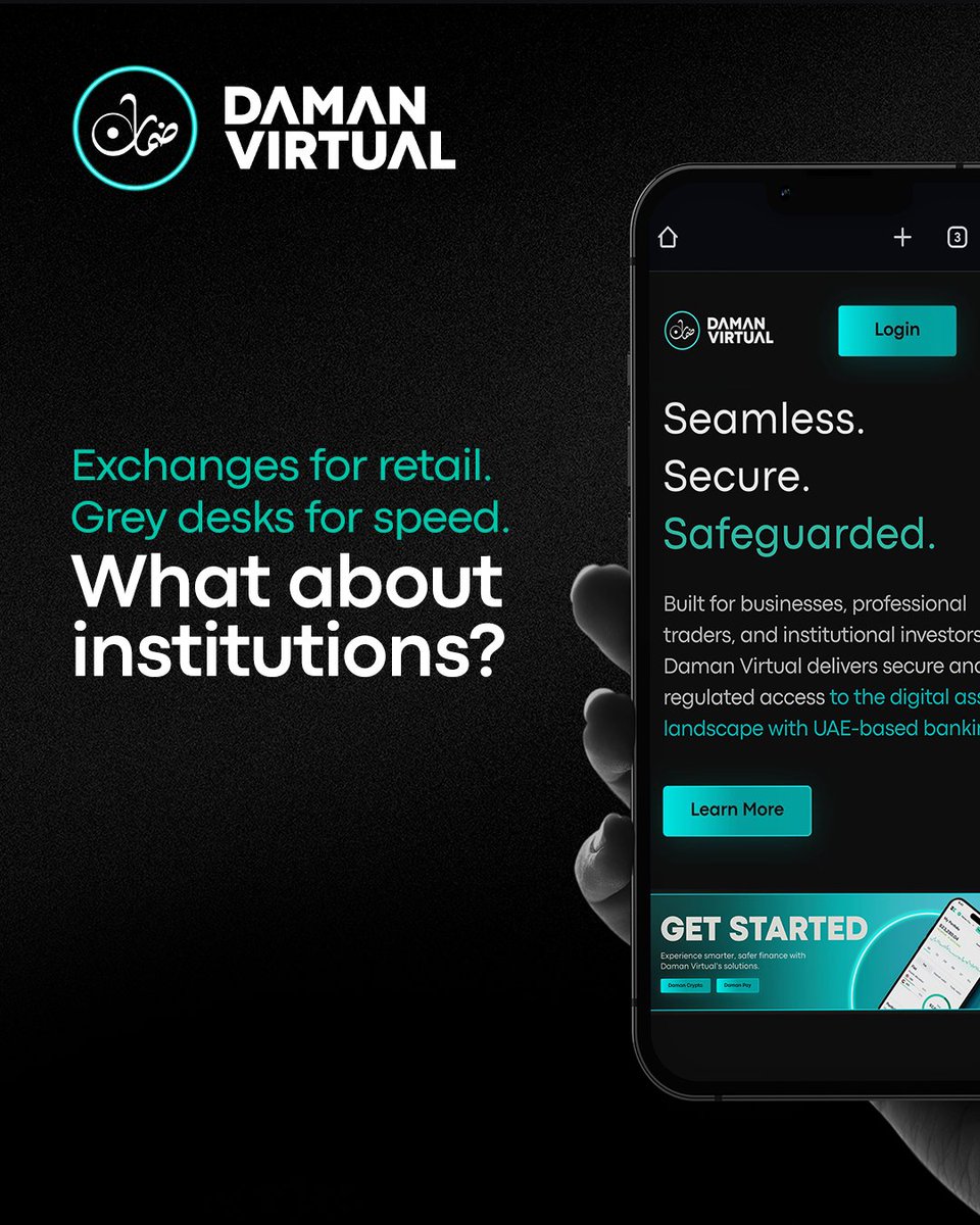 DamanVirtual's tweet photo. The UAE virtual asset market is maturing. But there is a gap between retail platforms and grey-market desks, where institutions need to operate.
They need documentation their bank accepts. Settlement their auditor verifies. A counterparty their board approves.
That is exactly what we built.

يشهد سوق الأصول الافتراضية في دولة الإمارات نضجاً متسارعاً.
إلا ��ن الفجوة لا تزال قائمة في تداول الأفراد عبر السوق الرمادية والمنصّات غير المرخصّة، وهنا على المؤسسات التدخّل، فهم يحتاجون إلى وثائق معتمدة لدى البنوك، وتسويات قابلة للتدقيق والمصادقة، وطرفٍ مقابل موثوق يحظى بموافقة مجالس الإدارة.
وهذا ما أُنشئنا لأجله.